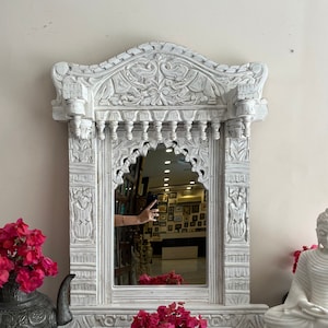 Indian Handcarved Wooden Wall Mirror, Jharokha Mirror, wall decor, Distressed Rustic Finish, Intricately hand carved vintage wood mirror