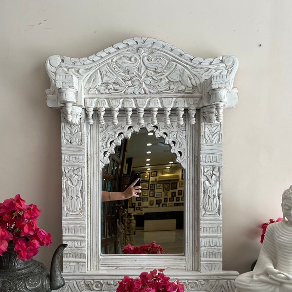 Indian Handcarved Wooden Wall Mirror, Jharokha Mirror, wall decor, Distressed Rustic Finish, Intricately hand carved vintage wood mirror