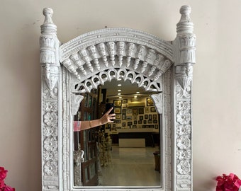 Indian Handcarved Wooden Wall Mirror,Jharokha Mirror, wall decor,Distressed Rustic Finish, Intricately handmade vintage wood bohemian mirror