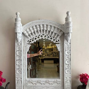 Indian Handcarved Wooden Wall Mirror,Jharokha Mirror, wall decor,Distressed Rustic Finish, Intricately handmade vintage wood bohemian mirror