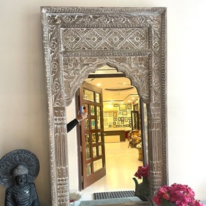Indian Handcarved Wooden Wall Mirror, Jharokha Mirror, wall decor, Distressed Rustic Finish, Intricately hand carved vintage wood mirror