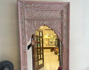 インドの手彫り木製壁掛けミラー、Jharokhaミラー、壁装飾