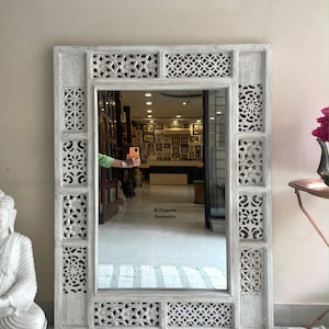 Indian Handcarved Wooden Wall Mirror, Jharokha Mirror, wall decor, Distressed Rustic Finish, Intricately hand carved vintage wood mirror