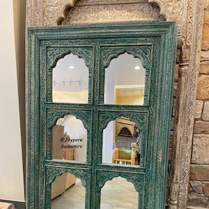 Indian Hand carved 6 Jharokha Mirror, Wooden frame in Distressed Rustic Finish, Indian Wall Mirror, home decor furniture,Haveli style Mirror