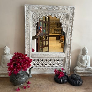 Indian Handcarved Wooden Wall Mirror, Jharokha Mirror, wall decor, Distressed Rustic Finish, Intricately hand carved vintage wood mirror