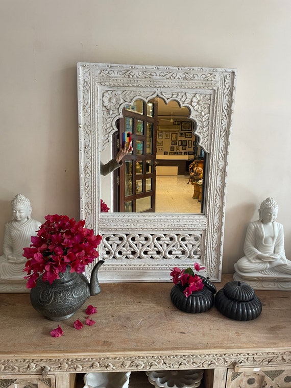 Carved Mango Wood Mirror With Paint Finish Carved Mango Wood Mirror With Paint Finish