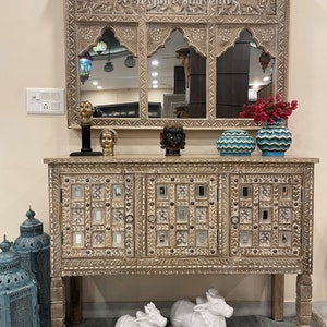 Hand carved Wooden mirror &  Damchiya, Handcarved Indian Furniture, Vintage wooden Console, Entryway table, Storage cabinet with mirror