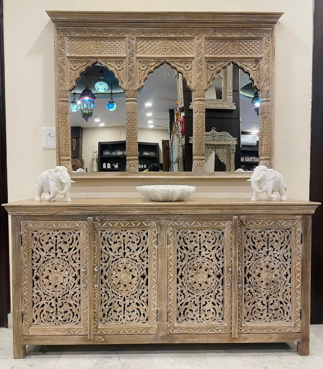 Indian Hand Carved Mirror and Cabinet, Wooden Console, Distressed