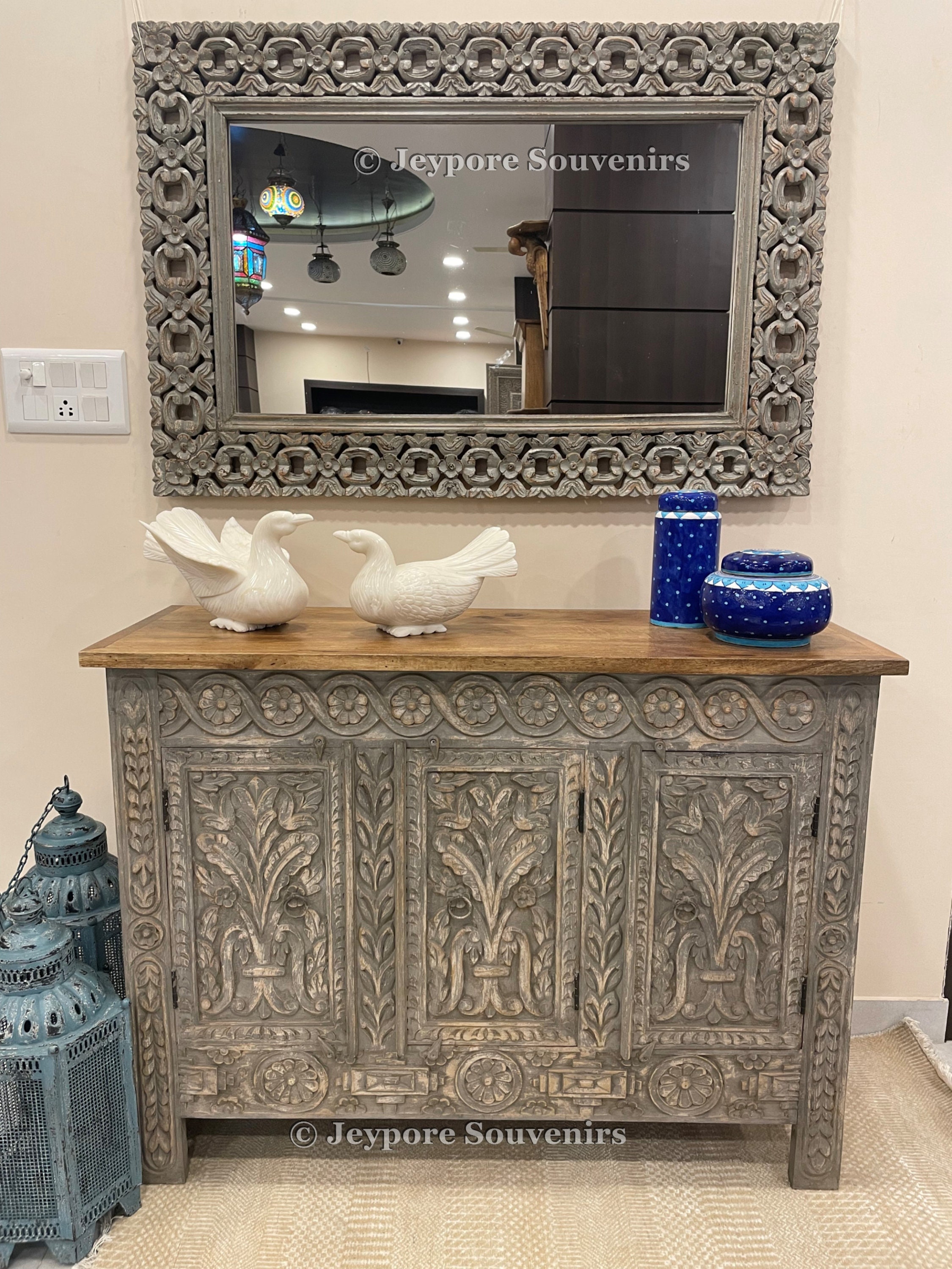 Indian Hand Carved Mirror and Cabinet Wooden Console - Etsy