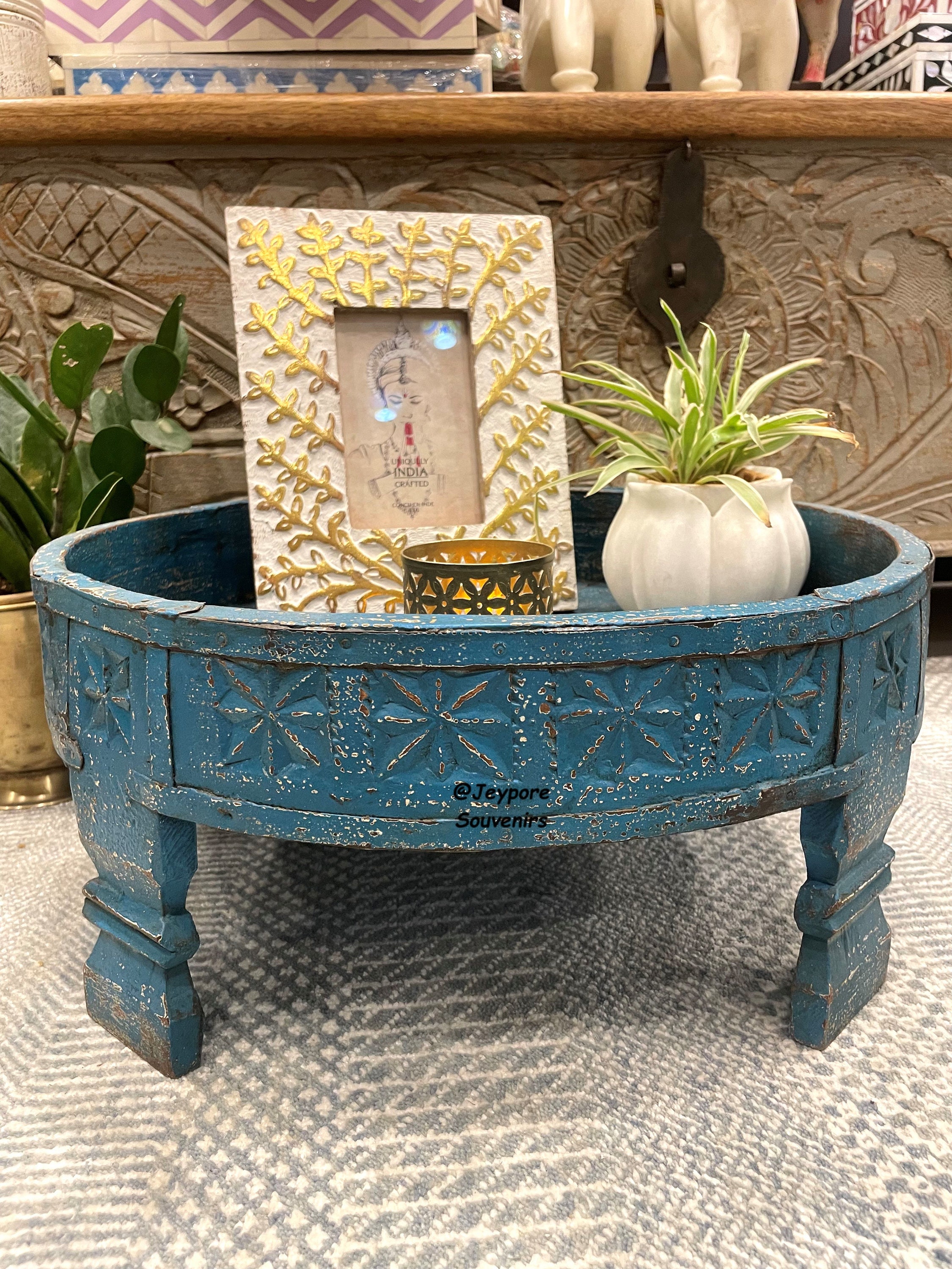 Boho Chakki Table, Vintage Handcarved Indian Grinder Table Decor ...