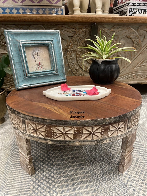 Boho Chakki Table Vintage Handcarved Indian Grinder Table Decor