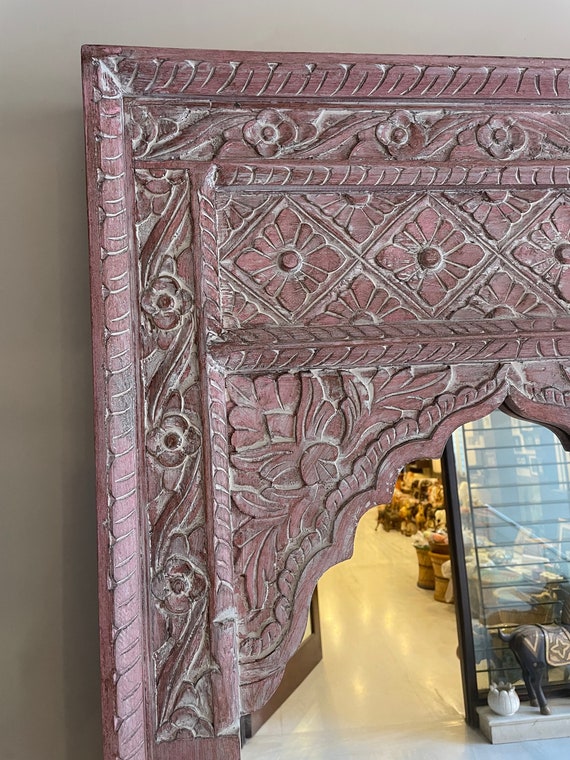 インドの手彫り木製壁掛けミラー、Jharokhaミラー、壁装飾