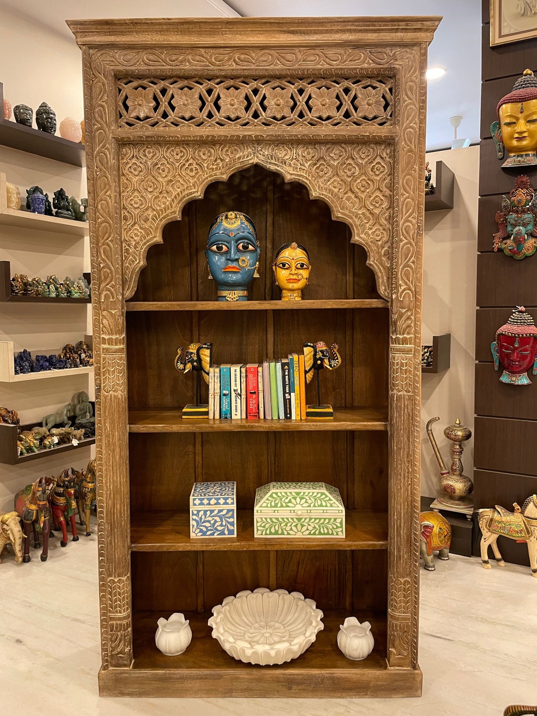 Jharokha Style Handcarved Bookshelf, Vintage Style Mehrab