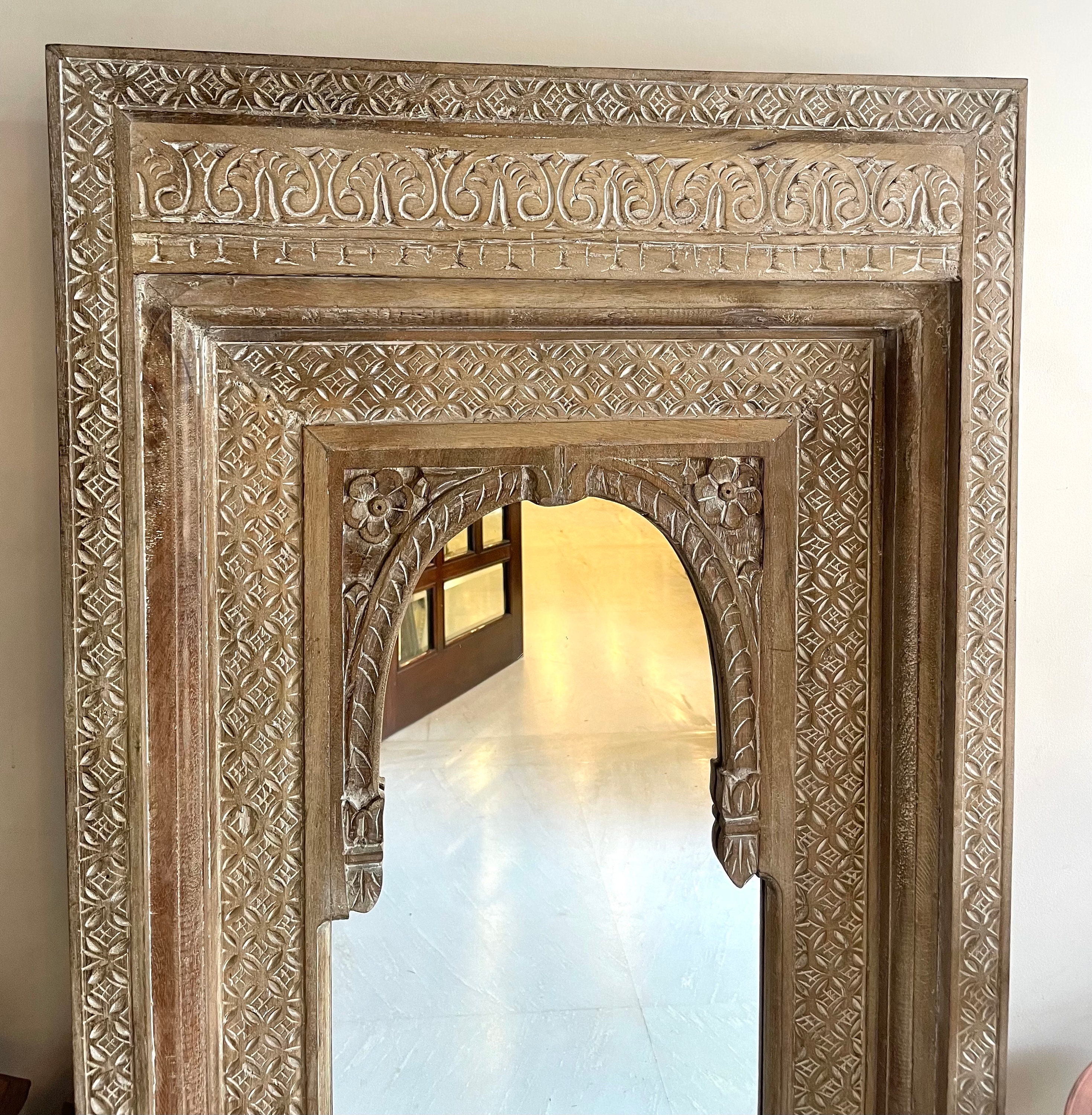 Indian Handcarved Wooden Mirror, Distressed Rustic Finish