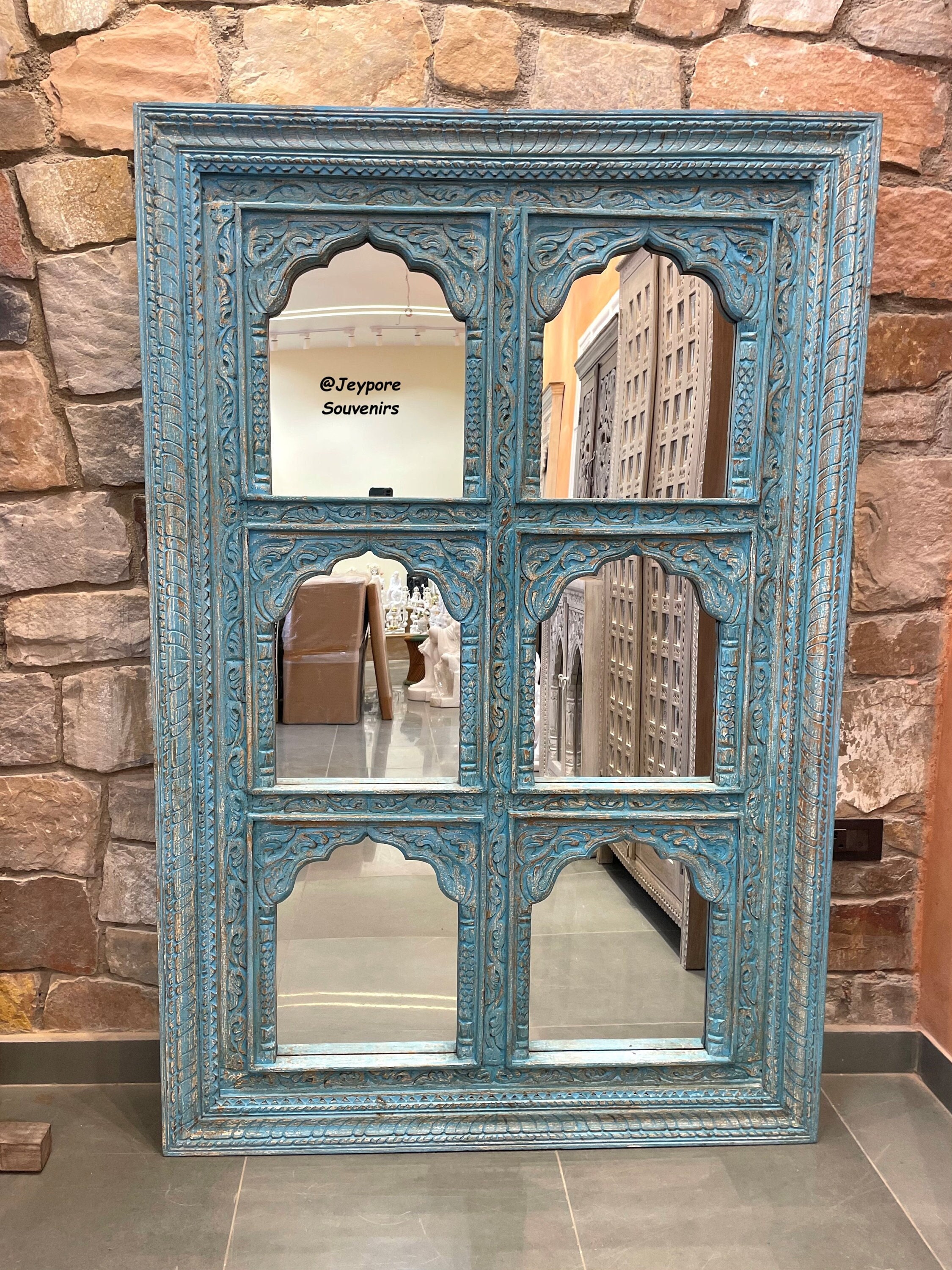 インドの手彫り 6 ジャロカ ミラー、アンティーク風の素朴な仕上げの