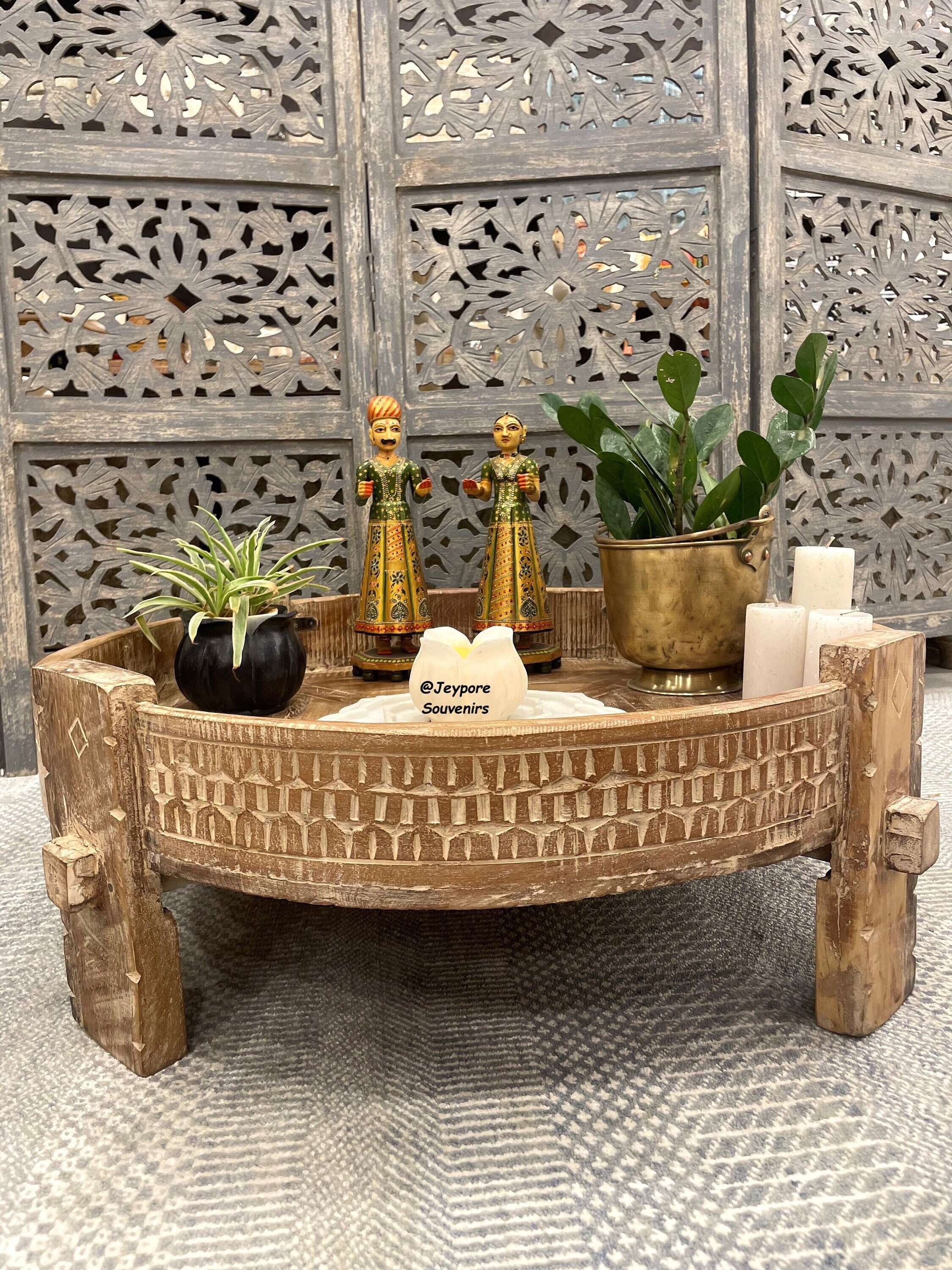 Boho Chakki Table, Vintage Handcarved Indian Grinder Table Decor