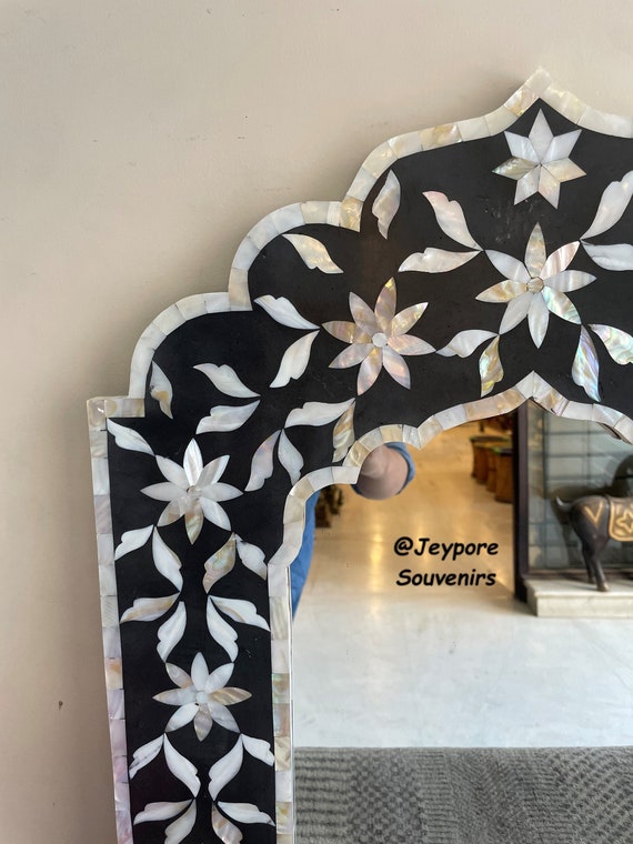 Mirror With Mughal Design Mother Of Pearl Inlay On Black Mirror With Mughal Design Mother Of Pearl Inlay On Black