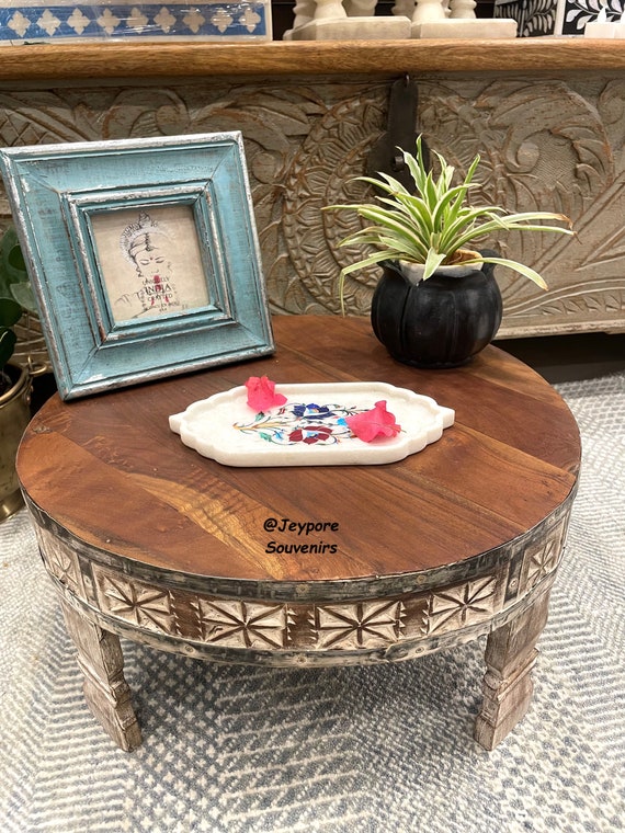 Boho Chakki Table, Vintage Handcarved Indian Grinder Table Decor