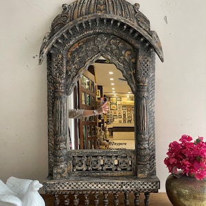 Indian Handcarved Wooden Wall Mirror, Jharokha Mirror, wall decor, Distressed Rustic Finish, Intricately hand carved vintage wood mirror