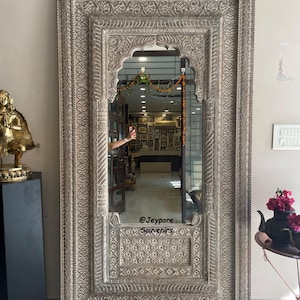 Indian Handcarved Wooden Wall Mirror, Jharokha Mirror, Distressed Rustic Finish, Intricately vintage style wooden frame, Tall Vanity mirror