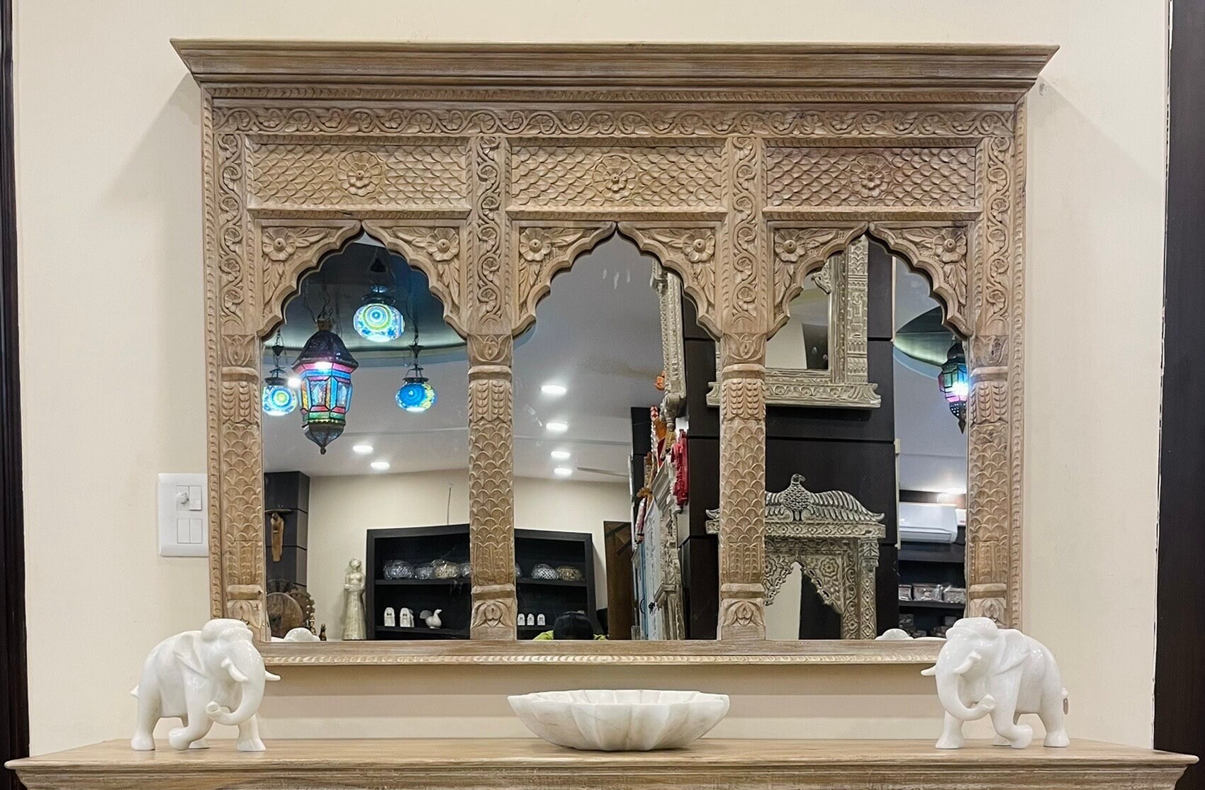 Indian Hand Carved Mirror and Cabinet, Wooden Console
