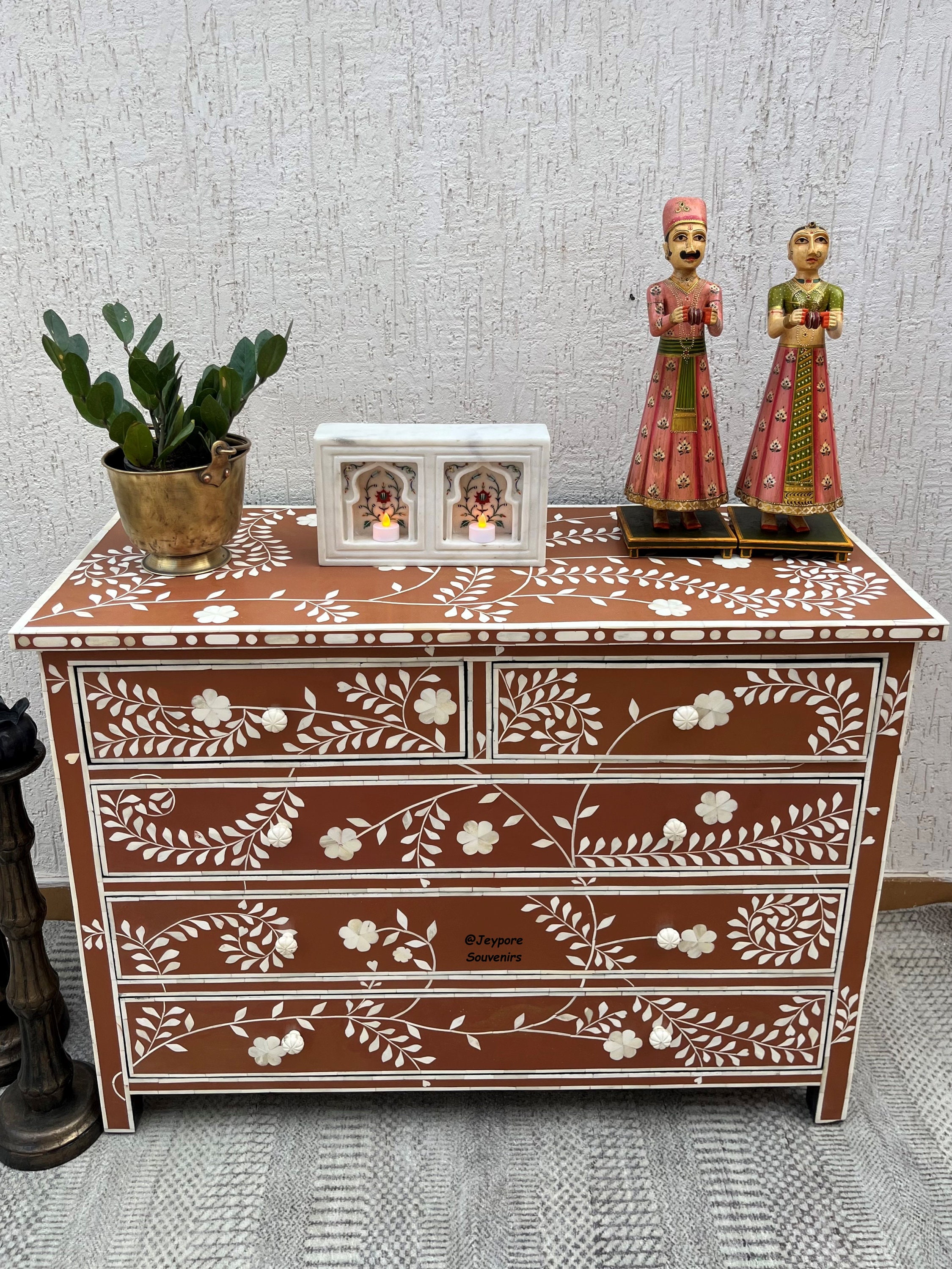 手作りラクダ骨キャビネット、インド家具、木製コンソール、玄関
