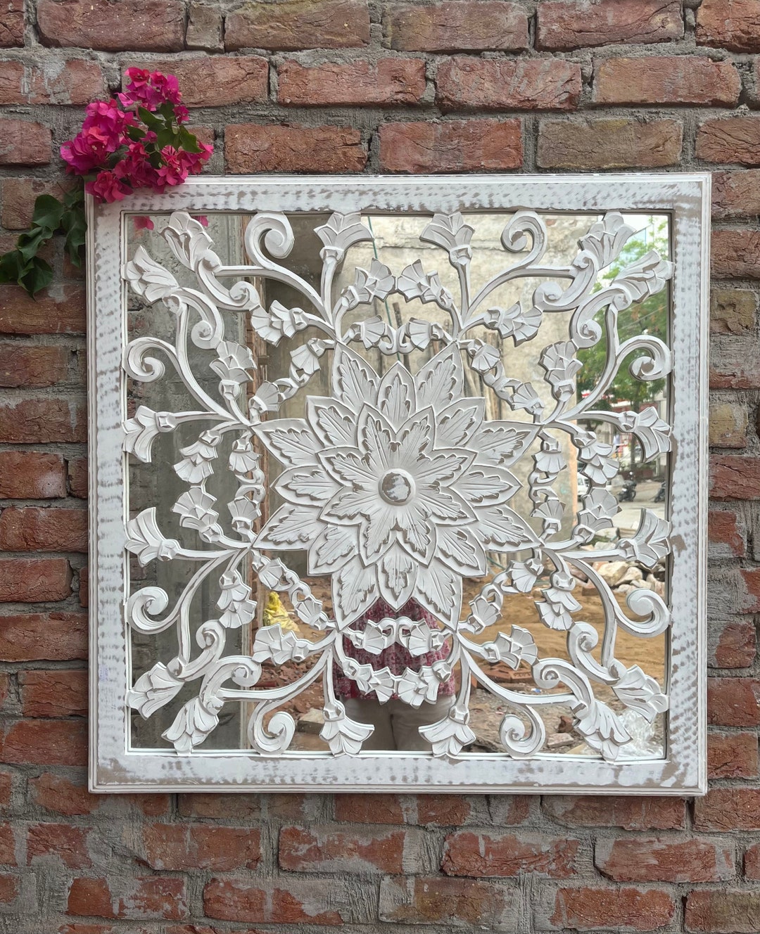 Wooden Wall Hanging With Mirror at Back, Hand Carved Indian Wall Panel