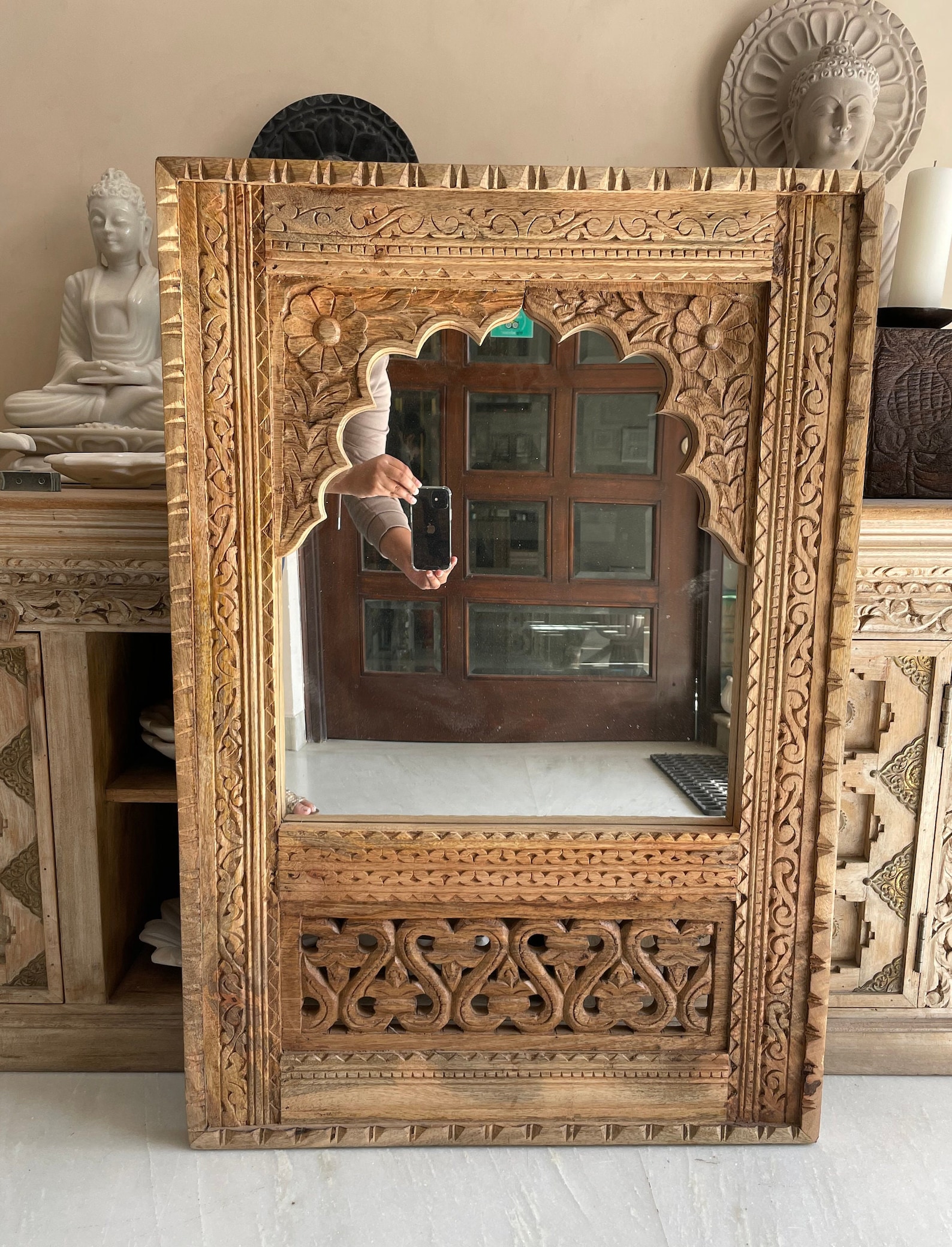 Indian Handcarved Wooden Wall Mirror, Jharokha Mirror, Wall Decor