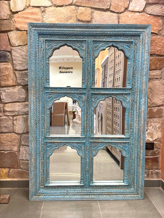 インドの手彫り 6 ジャロカ ミラー、アンティーク風の素朴な仕上げの