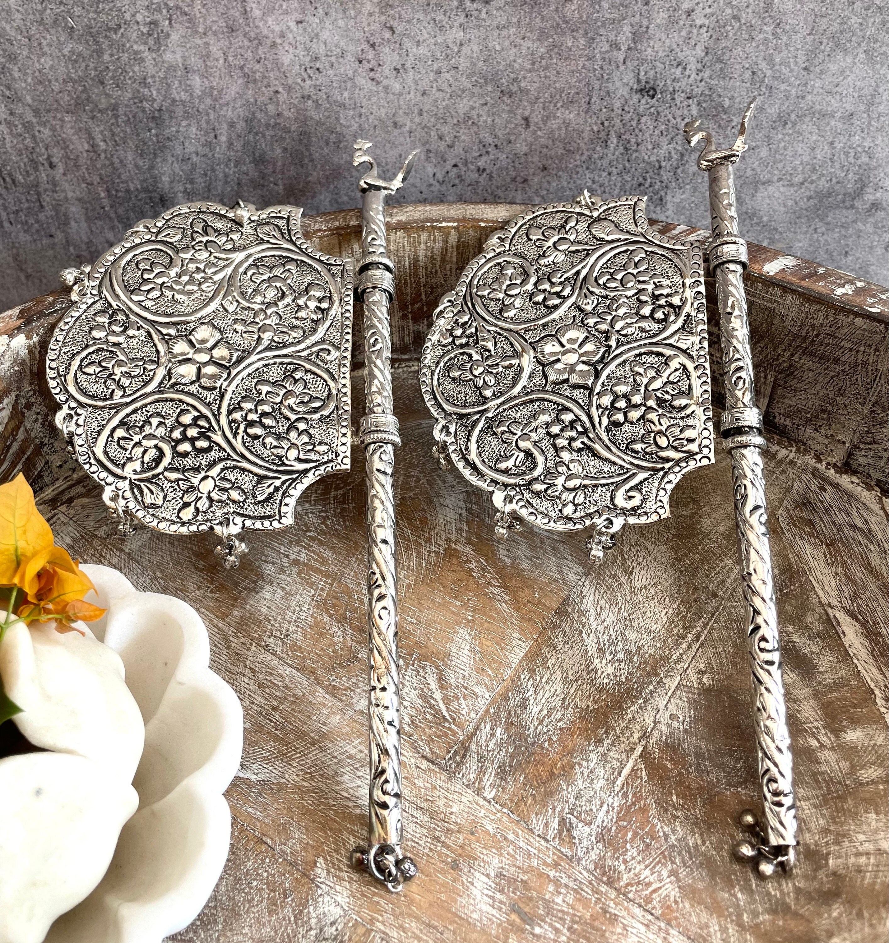 German Silver Handmade Pankhi Hand Held Fan for Decoration Fan for