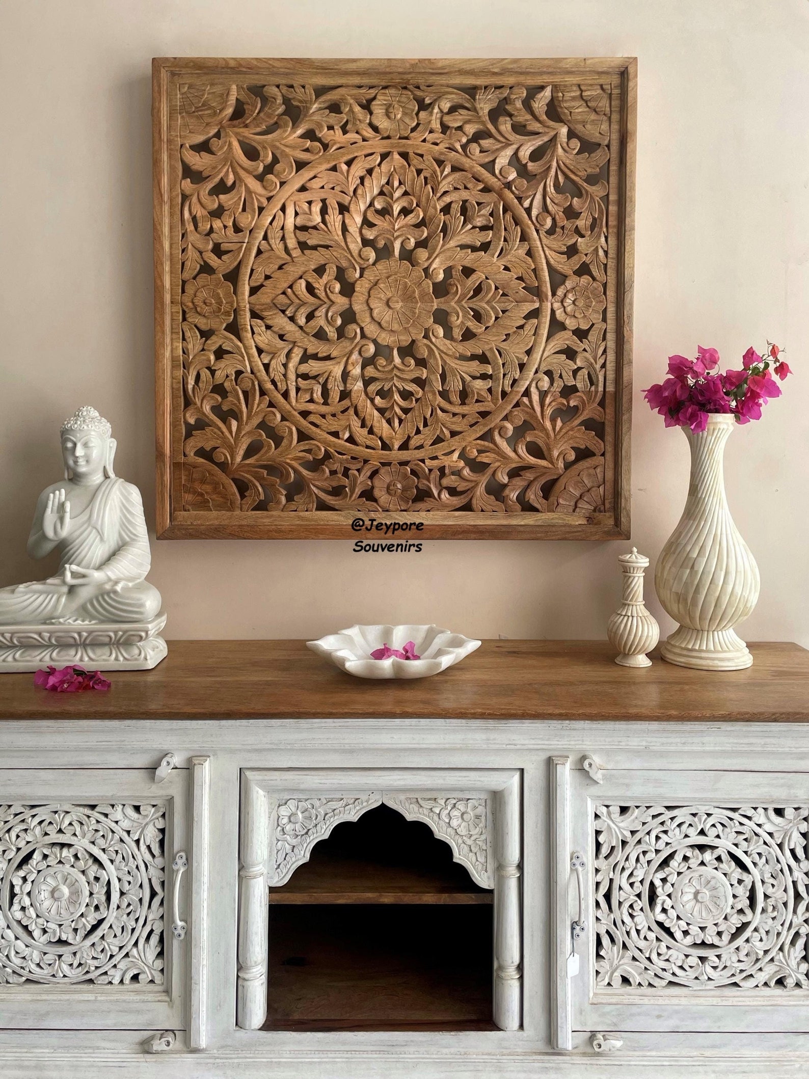 Wooden Wall Hanging With Mandala Pattern, Hand Carved Indian Wall Panel
