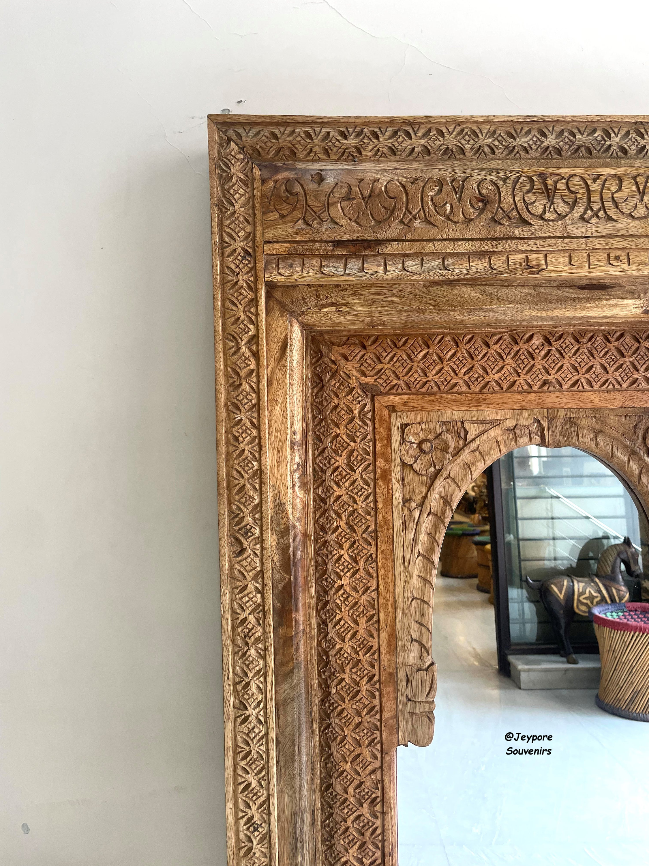 Indian Handcarved Wooden Mirror, Distressed Rustic Finish