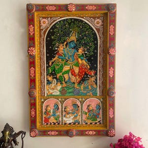 Wooden panel with Indian miniature painting, Radha Krishna Hand painted pichwai wall art,  antique panel, Ethnic wall panel,home/wall decor