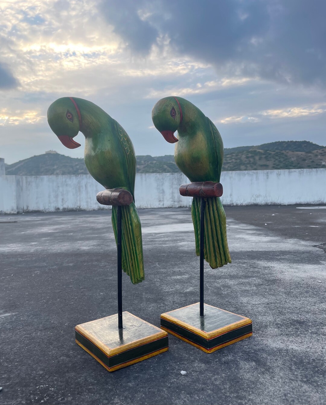Image showcasing Handmade Hand Painted Wooden Parrot Head on Stand, Bird Perched on ...