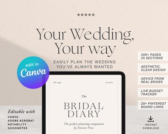 Interactive Aesthetic Wedding Planner, Live Budget Tracker, Engagement, Guest List Manager, Timeline, Honeymoon
