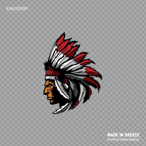 May include: A red, white and black Native American headdress with feathers. The headdress is in profile view and the face of the person wearing it is visible.