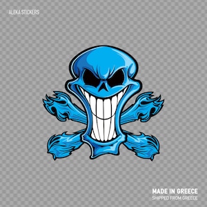 Sticker autocollant Cartoon bleu tête de mort bleu Happy sourire Crossbone moto Automobiles & motos décor ZE4X8