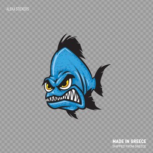 Sticker Sticker boos blauwe Piranha aanval cartoon stijl topkwaliteit vinyl waterdicht weerbestendige XRX67