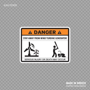 Puede incluir: Una señal de advertencia blanca con borde naranja y texto negro. La señal dice "PELIGRO" y "MANTÉNGASE ALEJADO DE LOS GENERADORES EÓLICOS". La señal también incluye una ilustración en blanco y negro de un aerogenerador y una persona que es golpeada por un objeto volador.