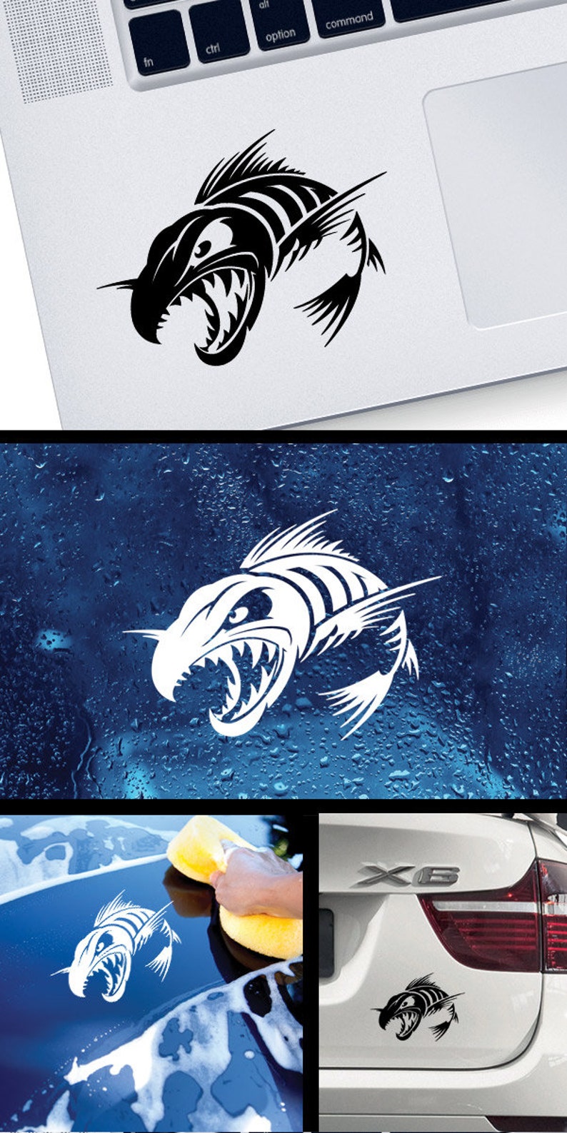 Decal Sticker Aggressive Fish Skeleton Bones Skull Fishing | Etsy