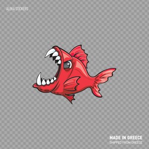 Peut inclure: Poisson rouge de dessin animé avec des dents pointues et une bouche grande ouverte. Le poisson a un œil blanc et fait face à gauche.