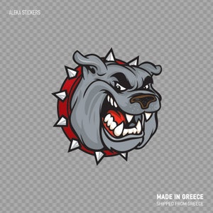 Op de afbeelding: Een grijze bulldog met een rode, met spikes bezette halsband, met een woeste uitdrukking, kijkend naar rechts. De bulldog is een cartoonillustratie.