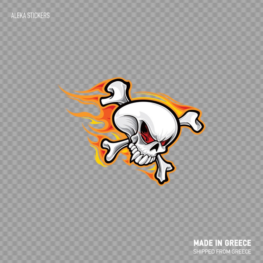 Decal Sticker Skull With Flames Crossbone Motorbike Helmet Car Flamed ...