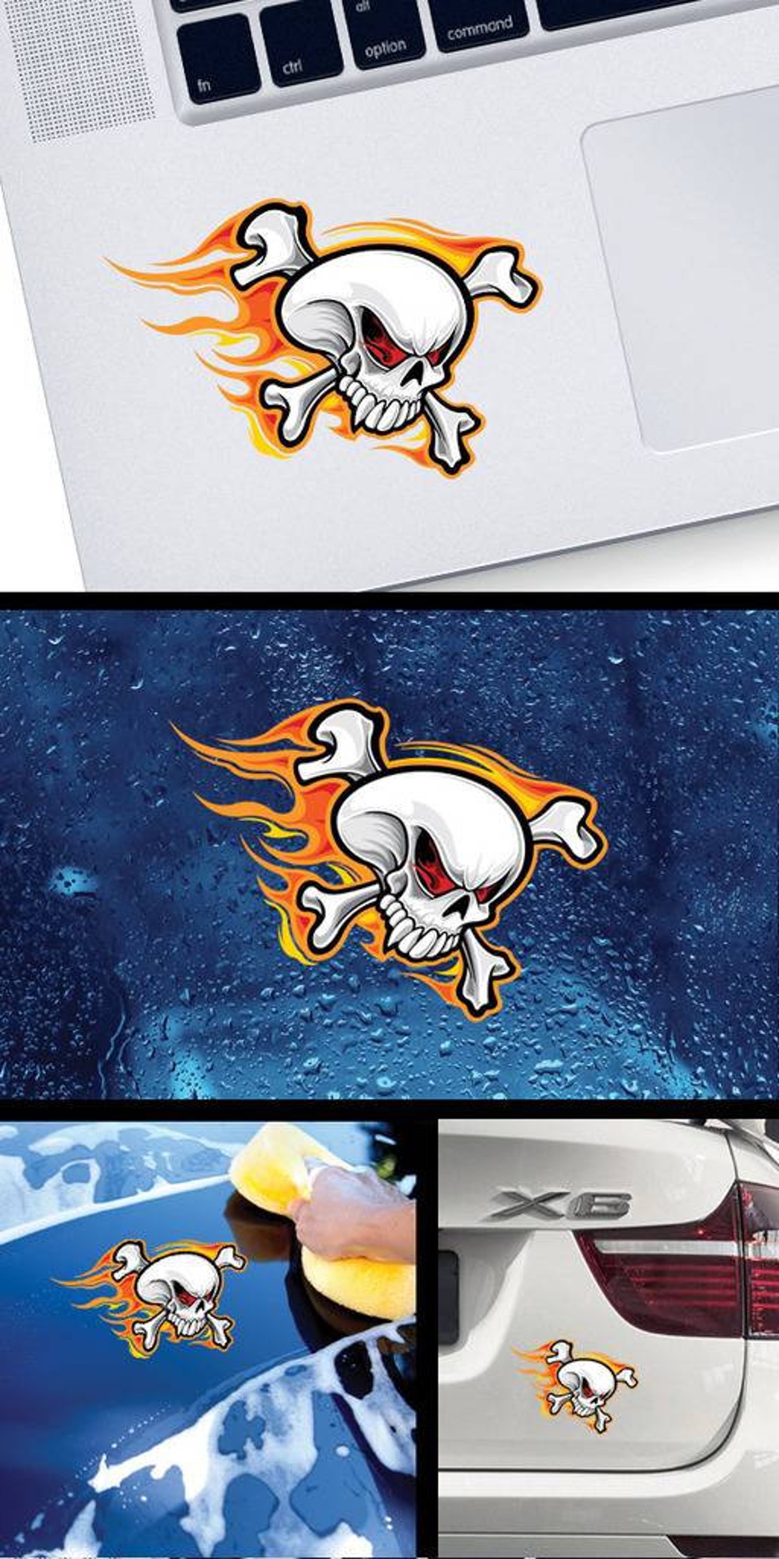 Decal Sticker Skull With Flames Crossbone Motorbike Helmet Car Flamed ...