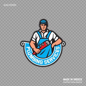 Peut inclure: Un autocollant bleu et blanc avec un plombier de dessin animé tenant une clé à molette rouge. L'autocollant indique "Plumbing Services" dans un cercle blanc avec un contour noir.