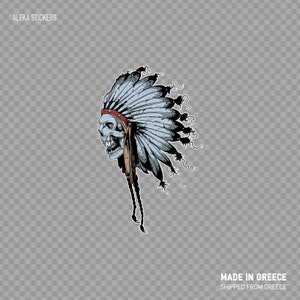 May include: A black and white skull wearing a blue and white headdress with red and brown accents. The headdress has feathers and braids. The skull is looking to the right.