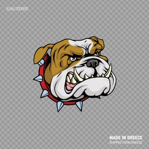 Op de afbeelding: Een cartoonillustratie van een buldog met een rode, geniet-geklede halsband. De buldog heeft een woeste uitdrukking met getoonde tanden en een gefronste wenkbrauw. De afbeelding is geplaatst tegen een transparante achtergrond.