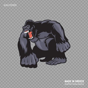 May include: A black and gray gorilla sticker with an angry expression, roaring with its mouth open. The gorilla is in a crouching position with its fists clenched.