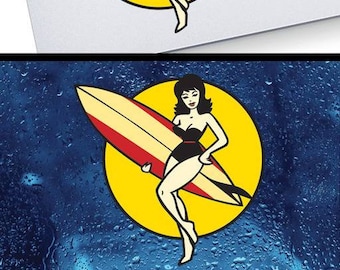 Decal Sticker Retro Girl With Surfboard Woman Sexy Vintage Reef