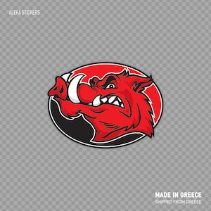 May include: Red and black sticker featuring a cartoon boar's head with an aggressive expression. The boar has large tusks and a wide open mouth with sharp teeth. The sticker is circular with a black outline.